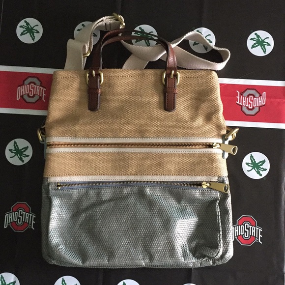 FOSSIL Explorer Tote Canvas Woven Straw Crossbody and Wallet Set Tan Blue - Picture 2 of 15